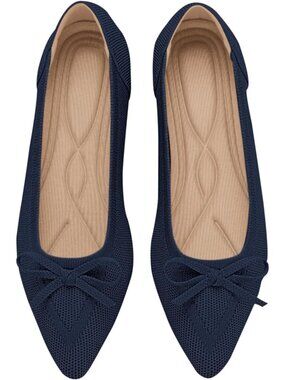 Women's Navy Knit Flats Closed Pointed Toe Bow Knit Ballet Comfortable Shoes